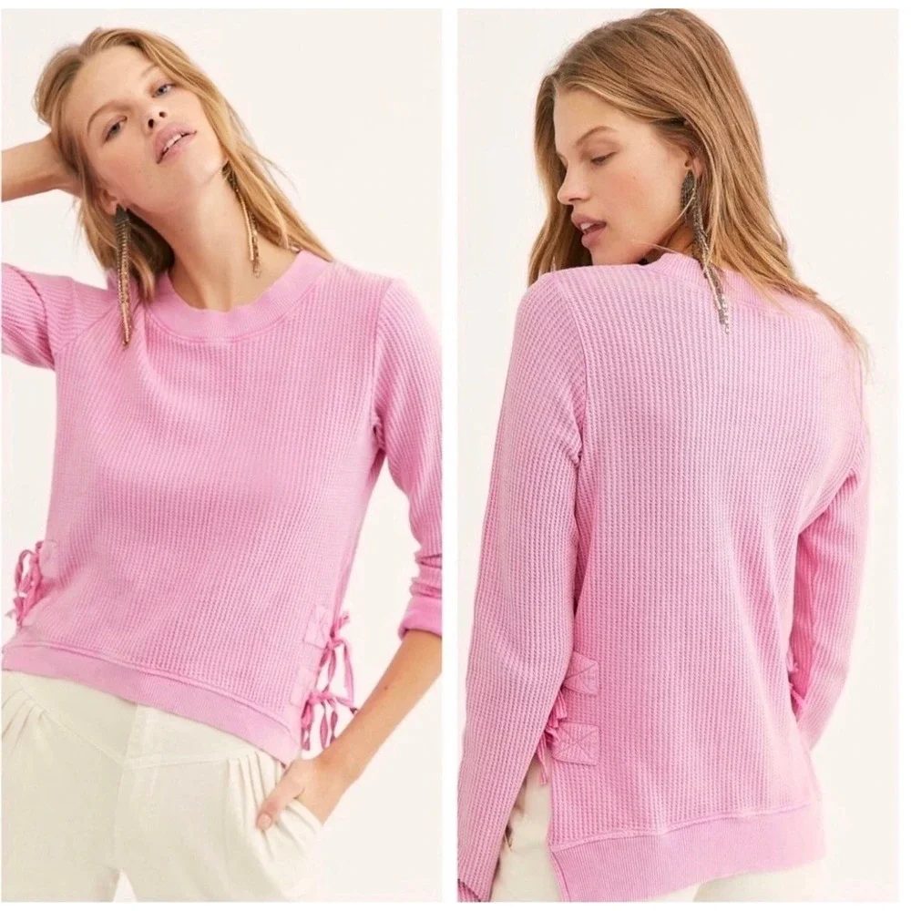 Free People FP One Interlaken Crop Long Sleeve Waffle Knit Top Pink‎ Small